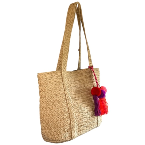 Draper James Tan Woven Straw Summer Tote with Colorful Tassel Accent - Picture 2 of 7